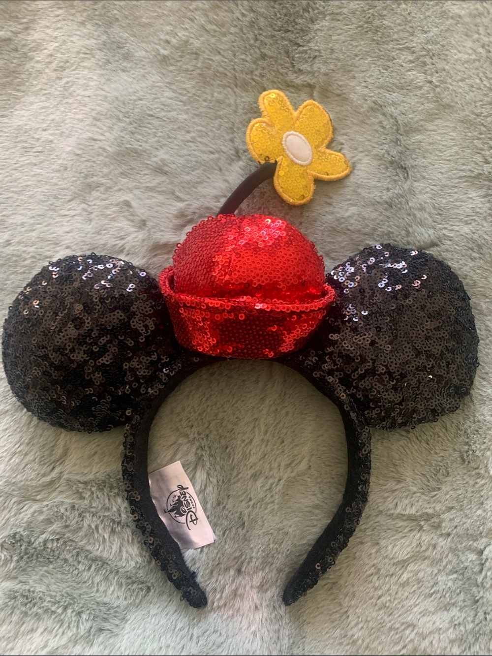 Disney Minnie Mouse Sequin Ear Headband with Red Hat and Yellow Flower❤️🖤